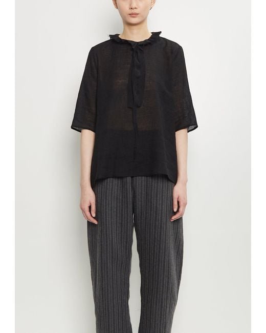 Apuntob Black Linen Wool Ruffle Collar Top