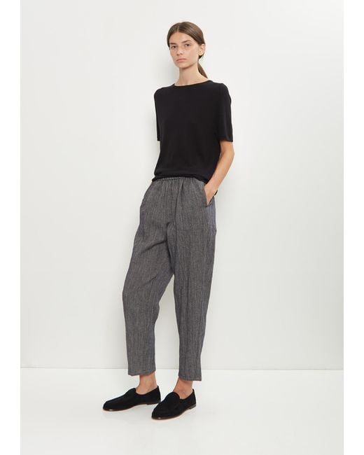 Apuntob Black Linen Wool Pinstripe Pleated Tapered Pant