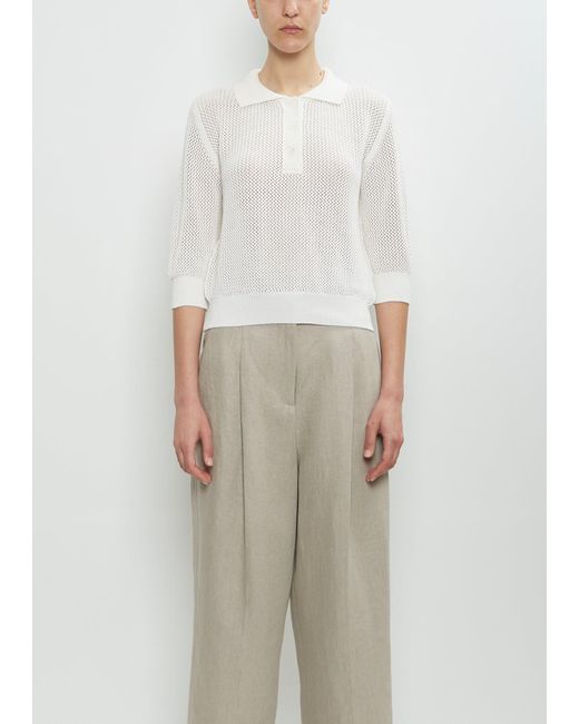 Margaret Howell White Cotton Cashmere Pointelle Polo Shirt