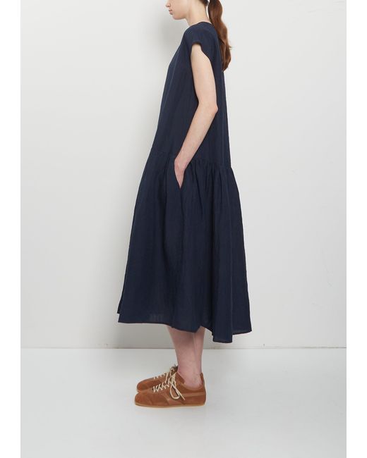 Apuntob Blue Linen Gathered Waist Dress