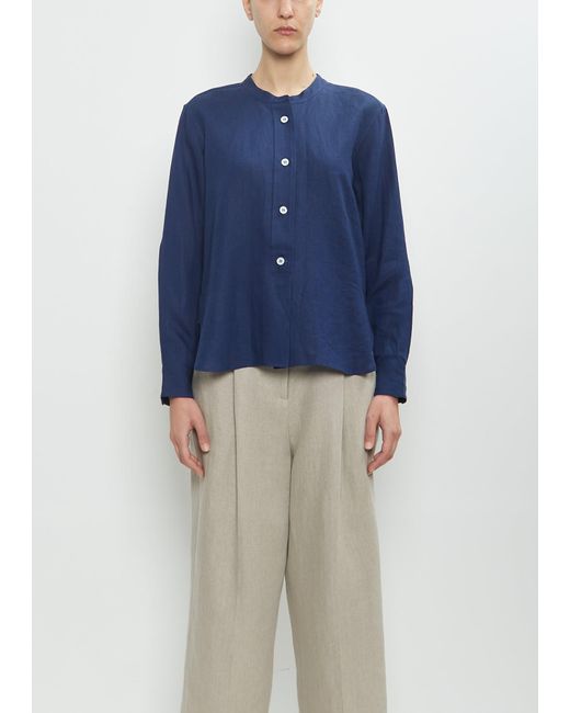 Margaret Howell Blue Linen Button Through Collarless Shirt