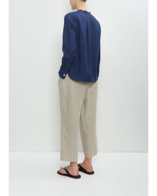 Margaret Howell Blue Linen Button Through Collarless Shirt