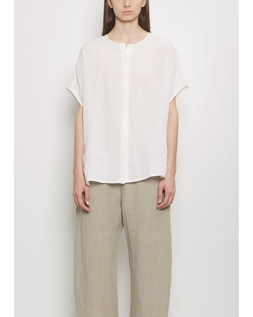 Apuntob White Linen Collarless Button Down Top