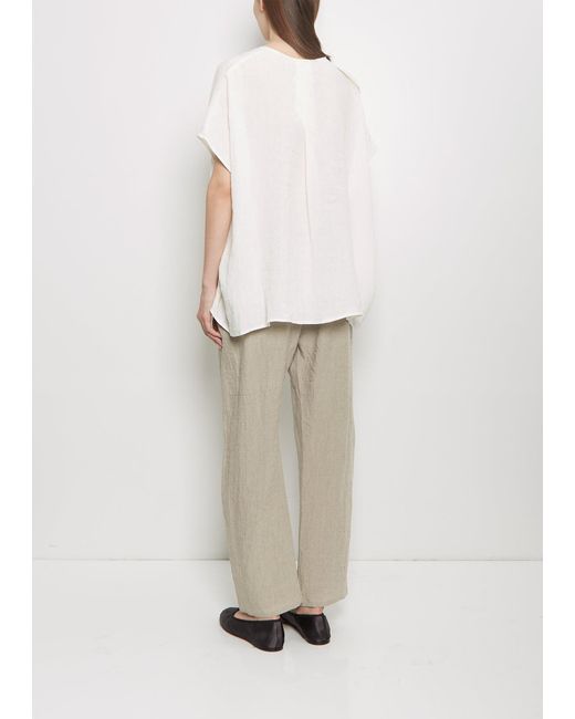 Apuntob White Linen Collarless Button Down Top