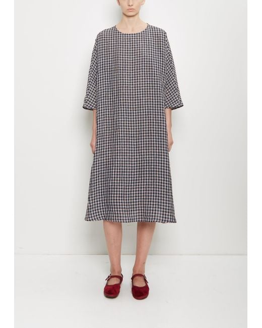 Apuntob Gray Linen Tartan Loose Dress