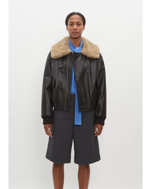 Lemaire Blue Shearling Collar Leather Jacket