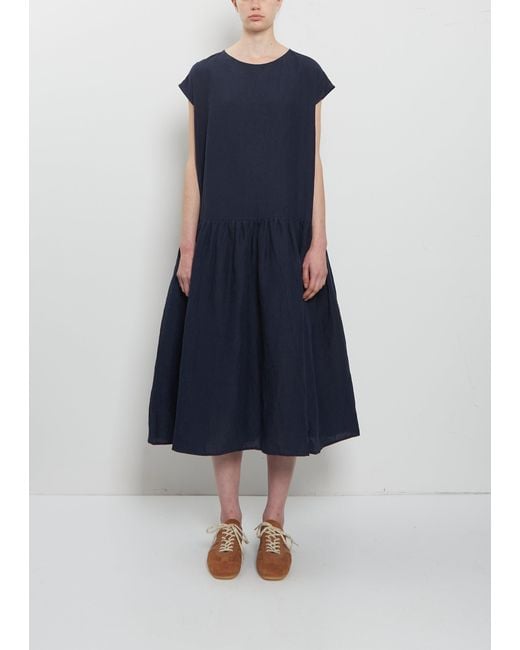 Apuntob Blue Linen Gathered Waist Dress