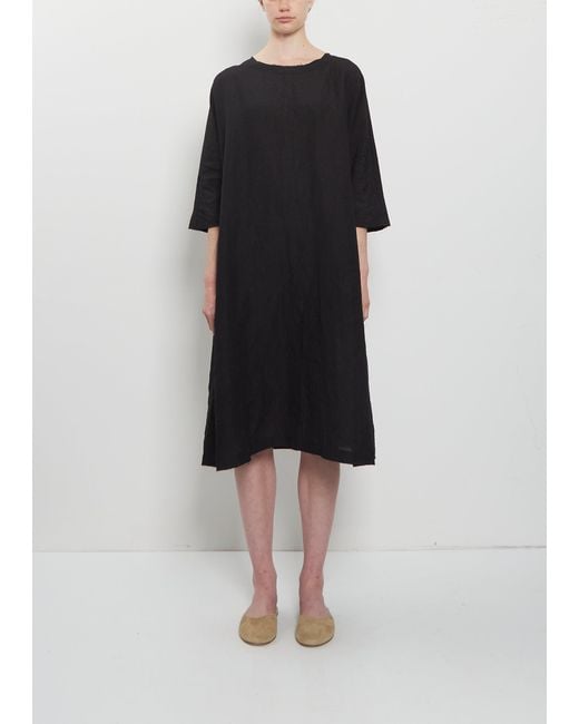 Apuntob Black Crinkled Linen 3/4 Sleeve Tunic Dress