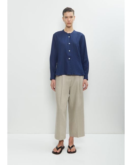 Margaret Howell Blue Linen Button Through Collarless Shirt