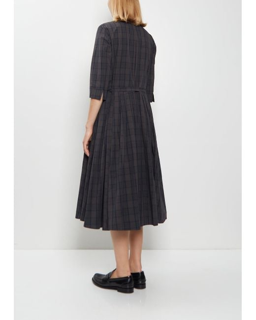 Apuntob Blue Cotton Tartan Belted Pleated Dress