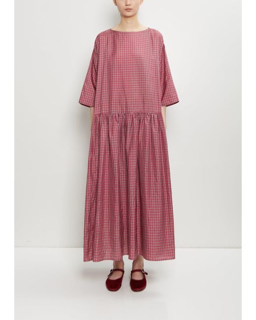 Apuntob Pink Silk Plaid Gathered Waist Dress