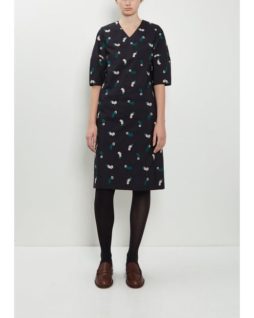 Minä Perhonen Blue Petal Feather V-neck Wool Silk Dress