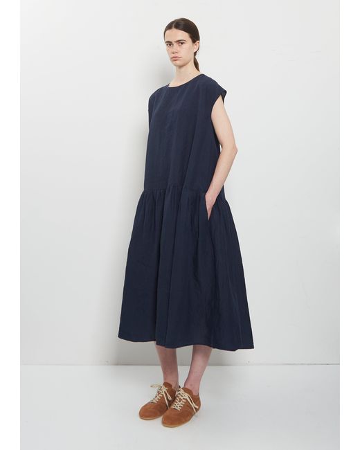 Apuntob Blue Linen Gathered Waist Dress