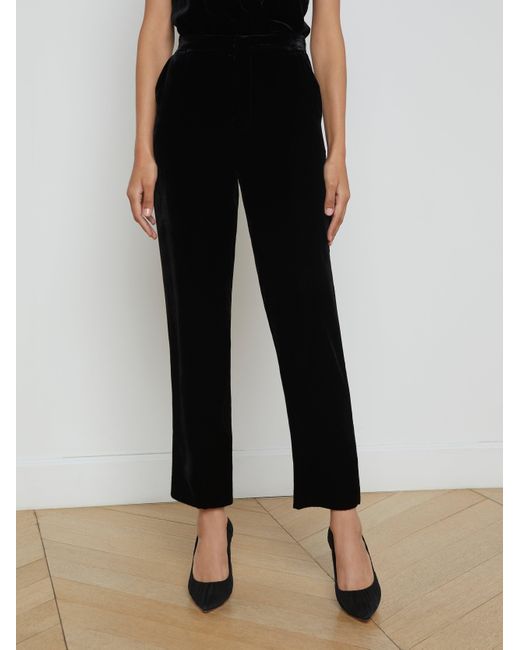 L'Agence Black High-Rise Velvet Straight-Leg Trousers