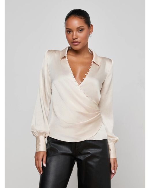 L'Agence White Bernice Satin Wrap Blouse Top