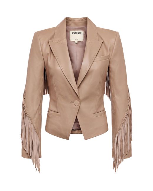 L'Agence Blue Vashti Fringed Leather Blazer