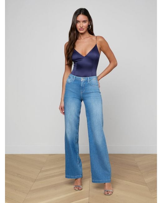 L'Agence Blue Dara Stretch-Satin Bodysuit