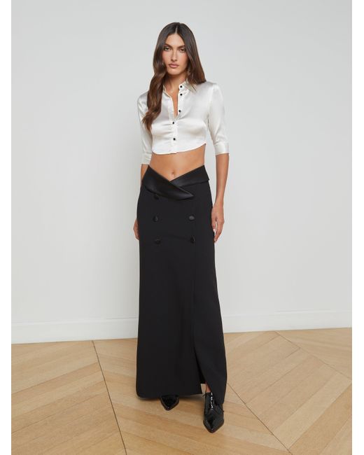 L'Agence Tuxedo-Style Satin Trim Maxi Skirt in White | Lyst
