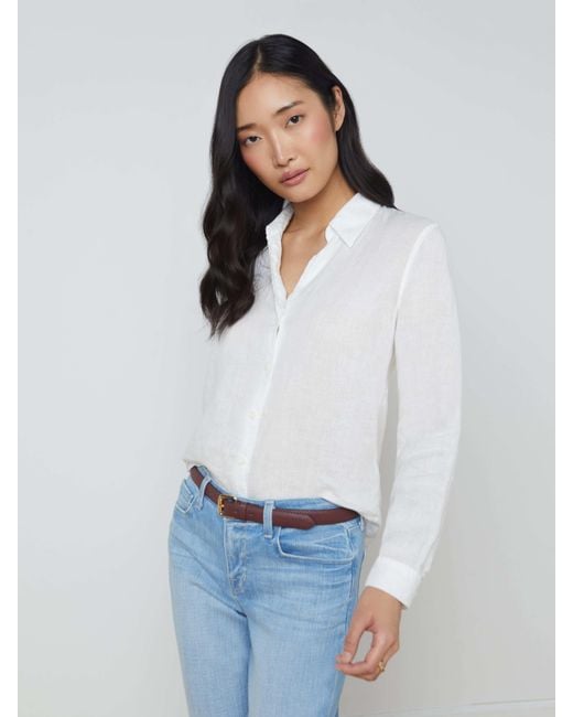 L'Agence White Tyler Linen Blouse Top