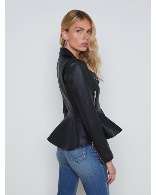 L'Agence Blue Lyric Leather Peplum Jacket