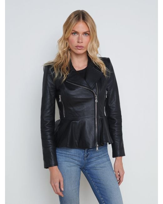 L'Agence Blue Lyric Leather Peplum Jacket