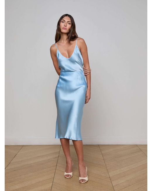L'Agence Blue Perin Silk Midi Skirt