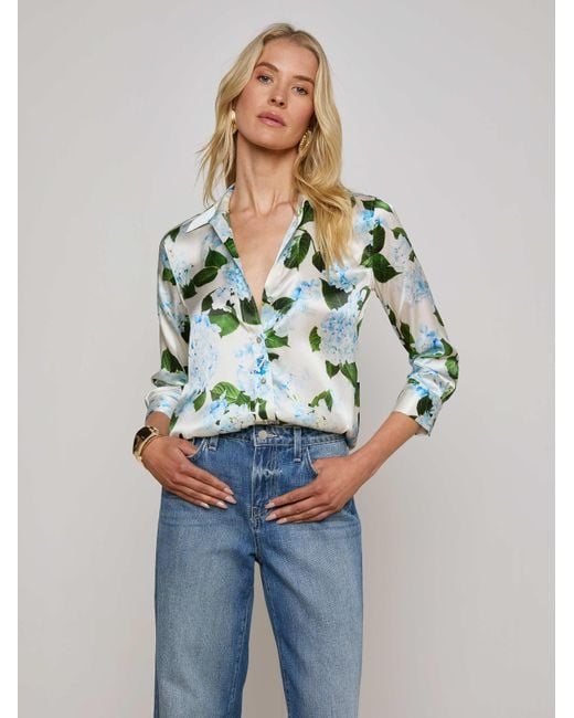 Chemisier En Soie Dani, Ivoire Avec Imprimé Hortensias Bleu Clair L'Agence en coloris Multicolor
