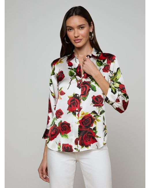 Chemisier En Soie Dani, Blanc Avec Un Imprimé Roses Rouges Romantique L'Agence en coloris Multicolor