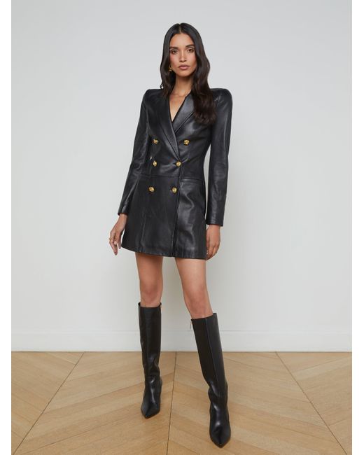 black leather blazer dress BACK TO BUSINESS FAUX LEATHER DETAIL PLEATED BLAZER DRESS – AKIRA main image 0