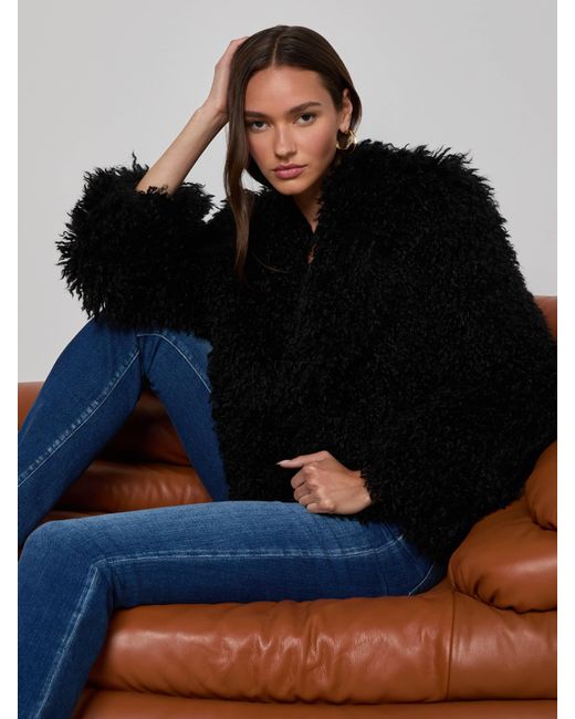 L'Agence Black Aura Cropped Faux Fur Jacket