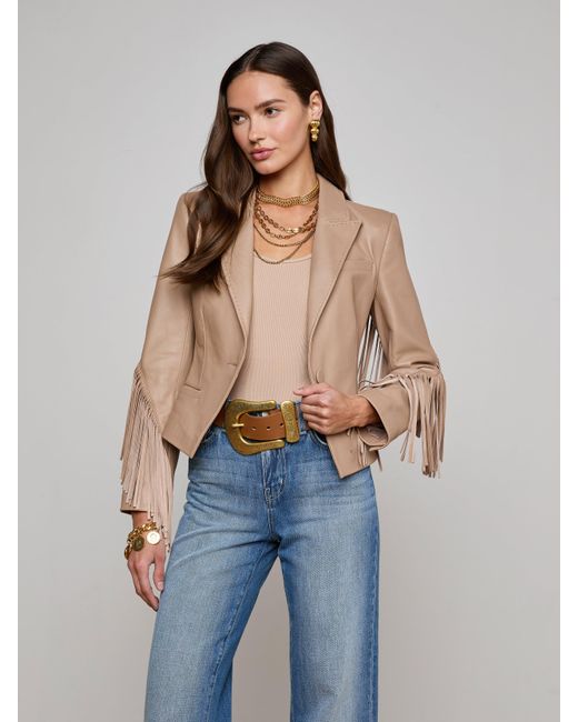 L'Agence Blue Vashti Fringed Leather Blazer