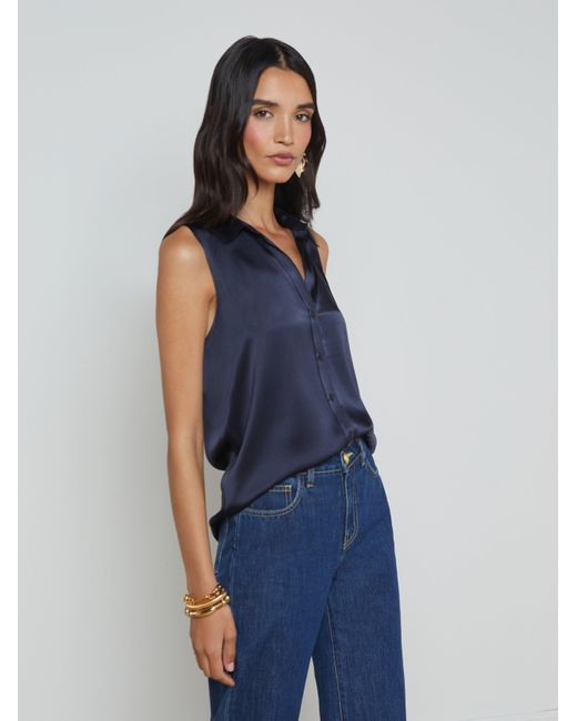 L'Agence Blue Emmy Sleeveless Silk Blouse Top