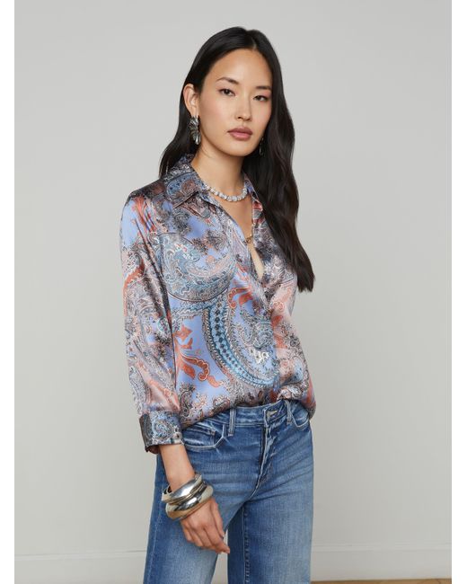 L'Agence Blue Dani Silk Blouse Top