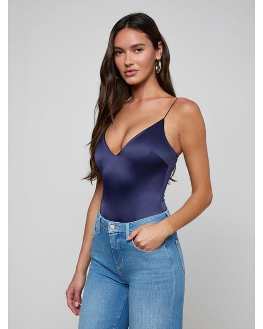 L'Agence Blue Dara Stretch-Satin Bodysuit