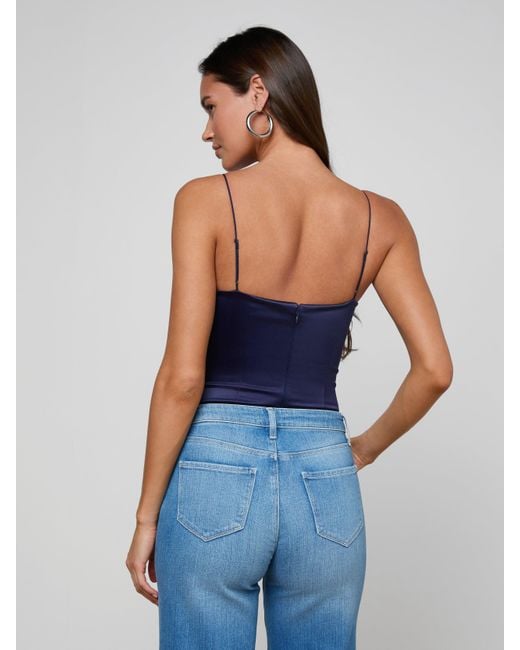 L'Agence Blue Dara Stretch-Satin Bodysuit