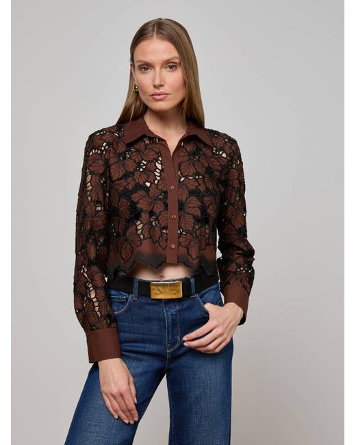 L'Agence Women's Blue Seychelle Cropped Eyelet Blouse Top