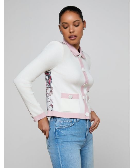 Cardigan Avec Dos En Satin Nomi, Ivoire/Rose/Imprimé Jungle Papillons Coloré L'Agence en coloris White