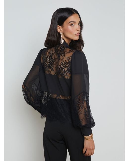 L'Agence Black Emmelina Lace Tie-Neck Blouse Top