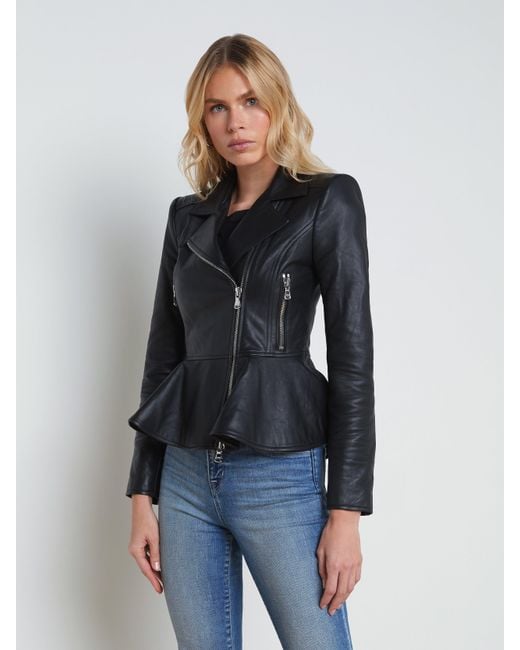 L'Agence Blue Lyric Leather Peplum Jacket