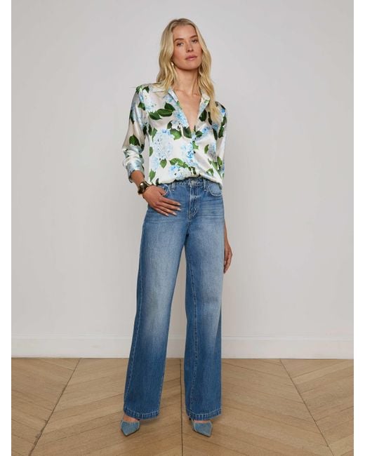 Chemisier En Soie Dani, Ivoire Avec Imprimé Hortensias Bleu Clair L'Agence en coloris Multicolor