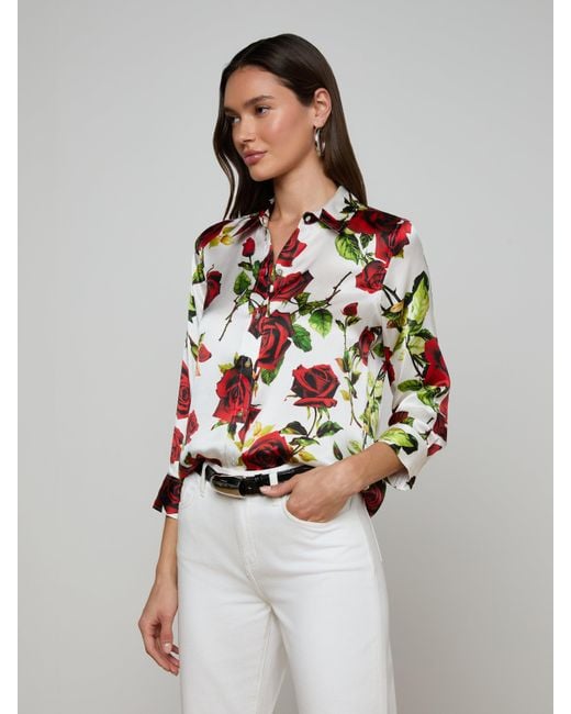 Chemisier En Soie Dani, Blanc Avec Un Imprimé Roses Rouges Romantique L'Agence en coloris Multicolor