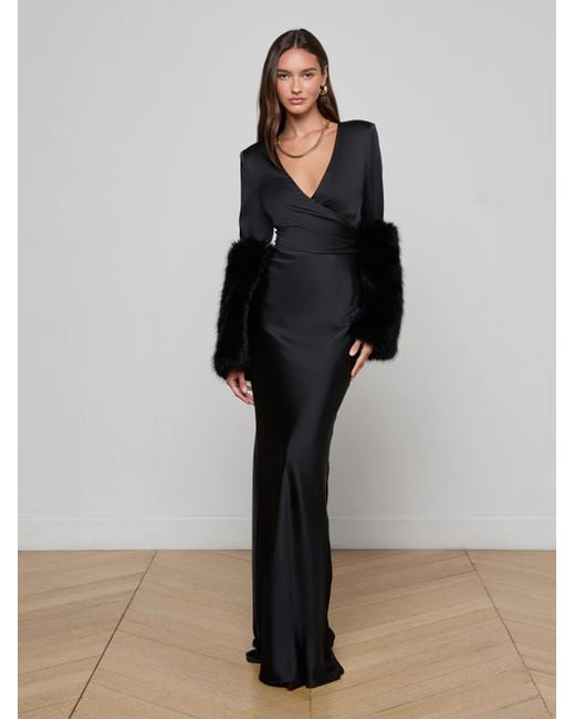 L'Agence Black Manon Gown With Faux Fur