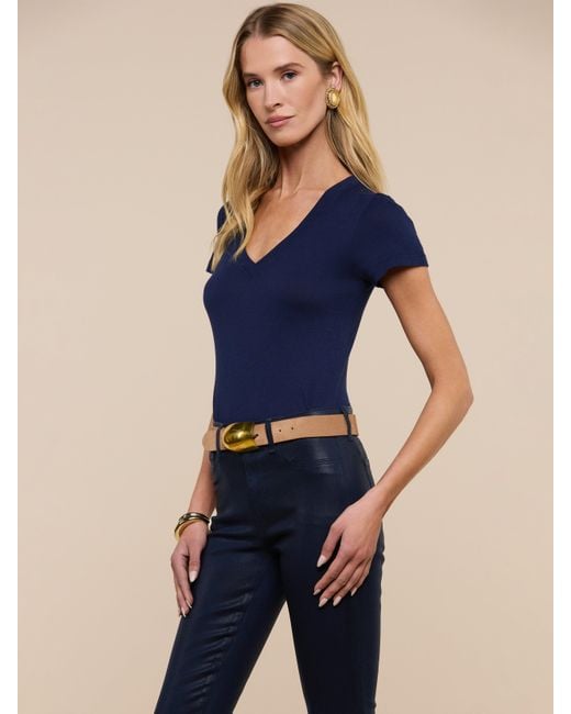 L'Agence Blue Becca Cotton V-neck Tee