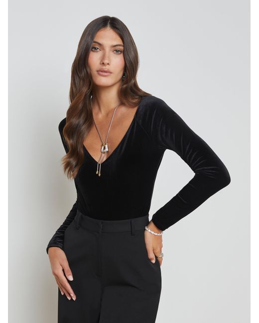 L'Agence Black Velvet Deep V-Neck Bodysuit