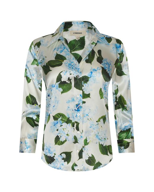 Chemisier En Soie Dani, Ivoire Avec Imprimé Hortensias Bleu Clair L'Agence en coloris Multicolor