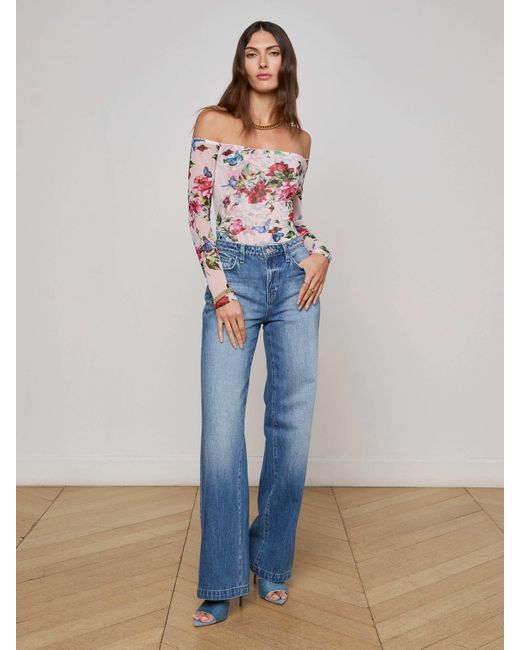 L'Agence Blue Peonie Off-The-Shoulder Bodysuit