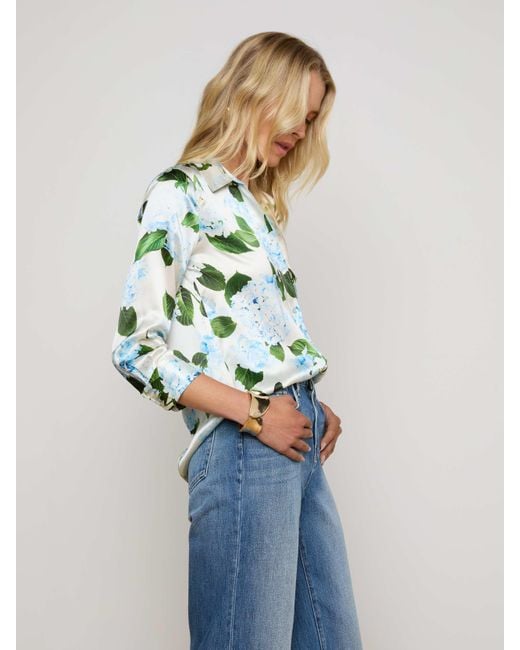 Chemisier En Soie Dani, Ivoire Avec Imprimé Hortensias Bleu Clair L'Agence en coloris Multicolor