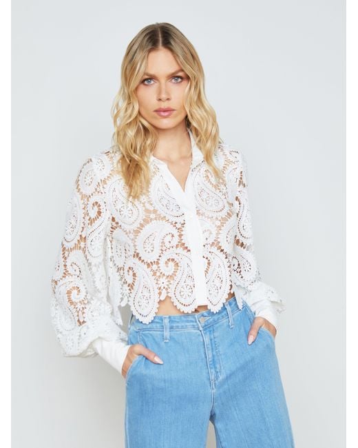 L'Agence White Odelia Lace Blouse Top