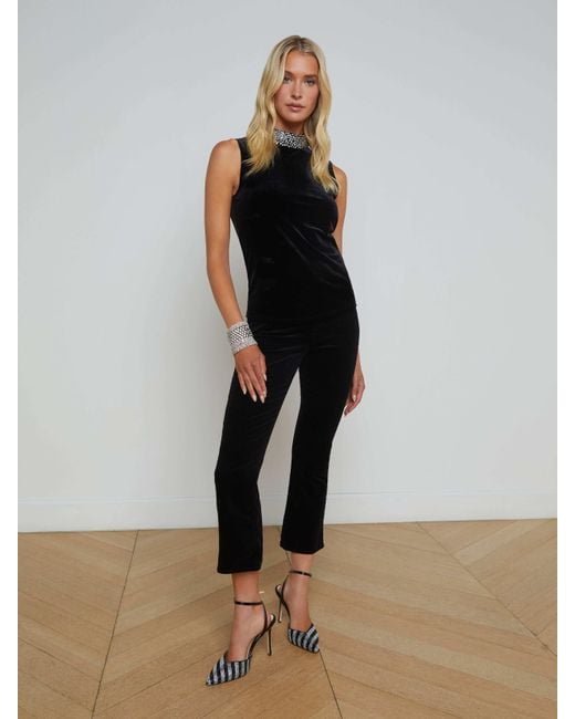 L'Agence Black Madelyn Embellished Velvet Top
