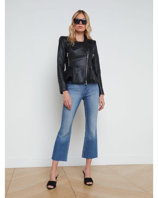 L'Agence Blue Lyric Leather Peplum Jacket